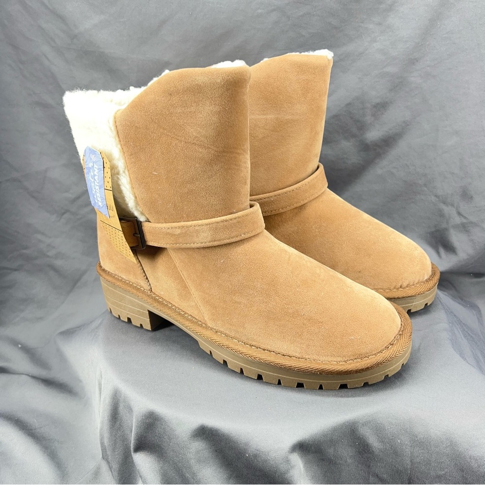 Gaa Huu Tan And Cream Sherpa Lining Mid-Calf Winter Boot With Buckle Size 10 NWT